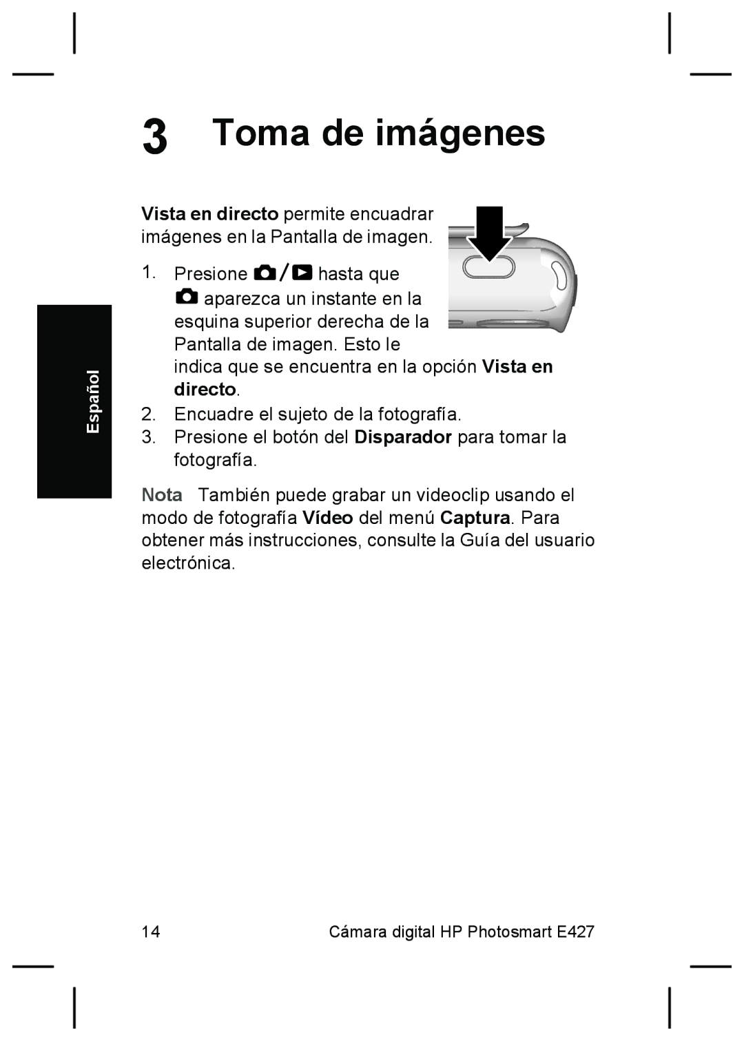 HP E427 manual Toma de imágenes 