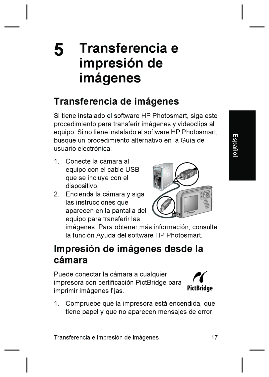 HP E427 manual Transferencia e impresión de imágenes, Transferencia de imágenes, Impresión de imágenes desde la cámara 