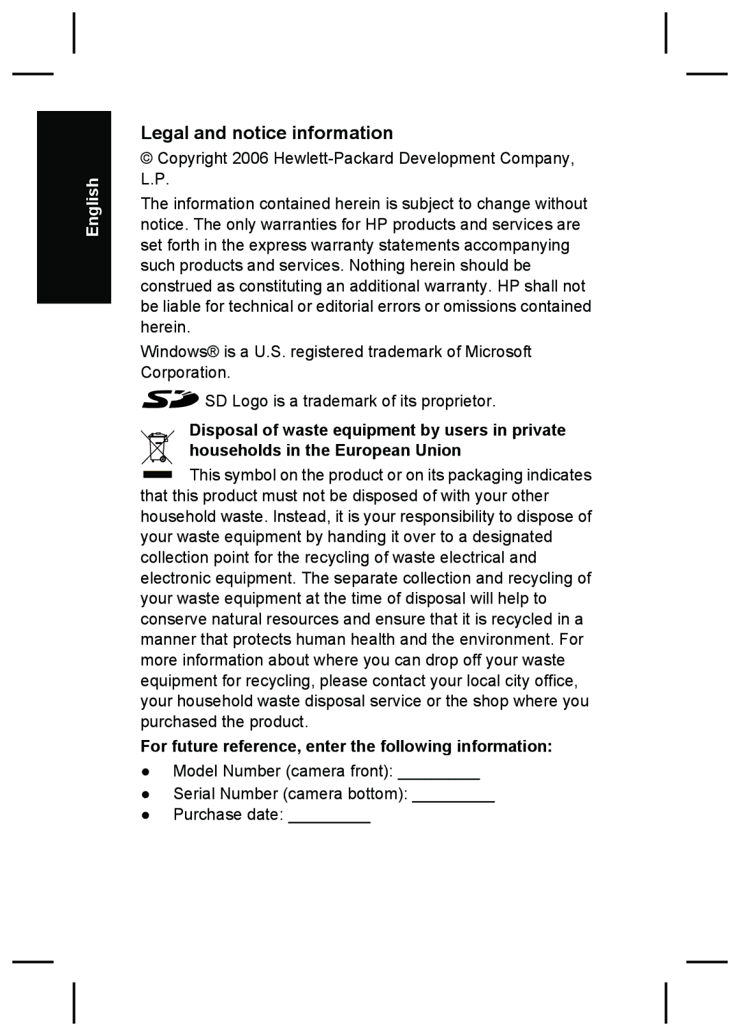 HP E427 manual Legal and notice information, For future reference, enter the following information 