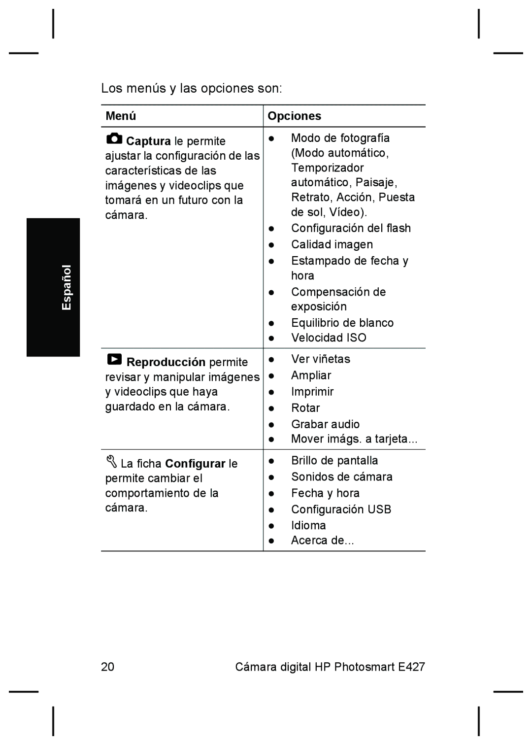 HP E427 manual Menú, Reproducción permite 