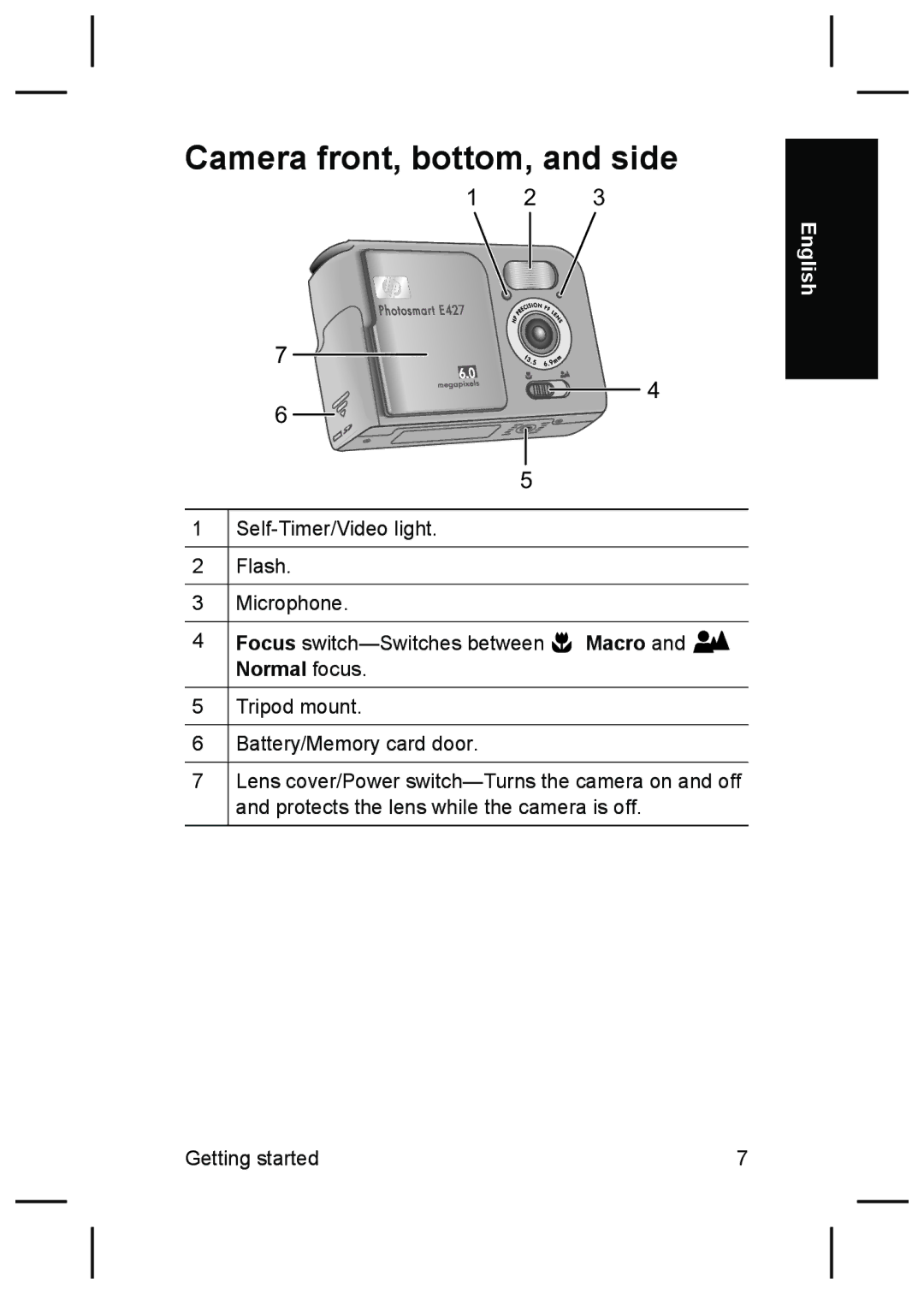 HP E427 manual Camera front, bottom, and side, Normal focus 