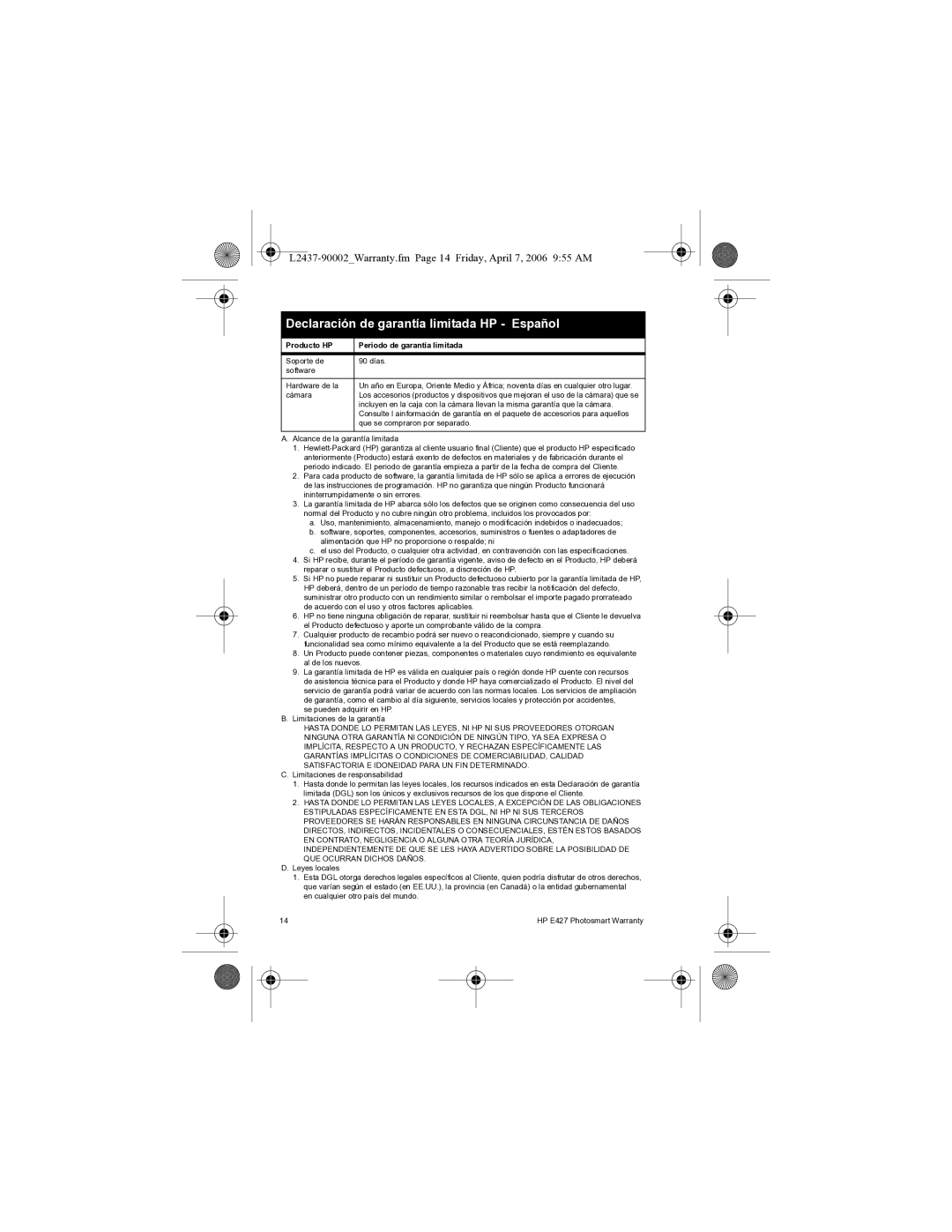 HP E427 manual Declaración de garantía limitada HP Español, L2437-90002Warranty.fm Page 14 Friday, April 7, 2006 955 AM 