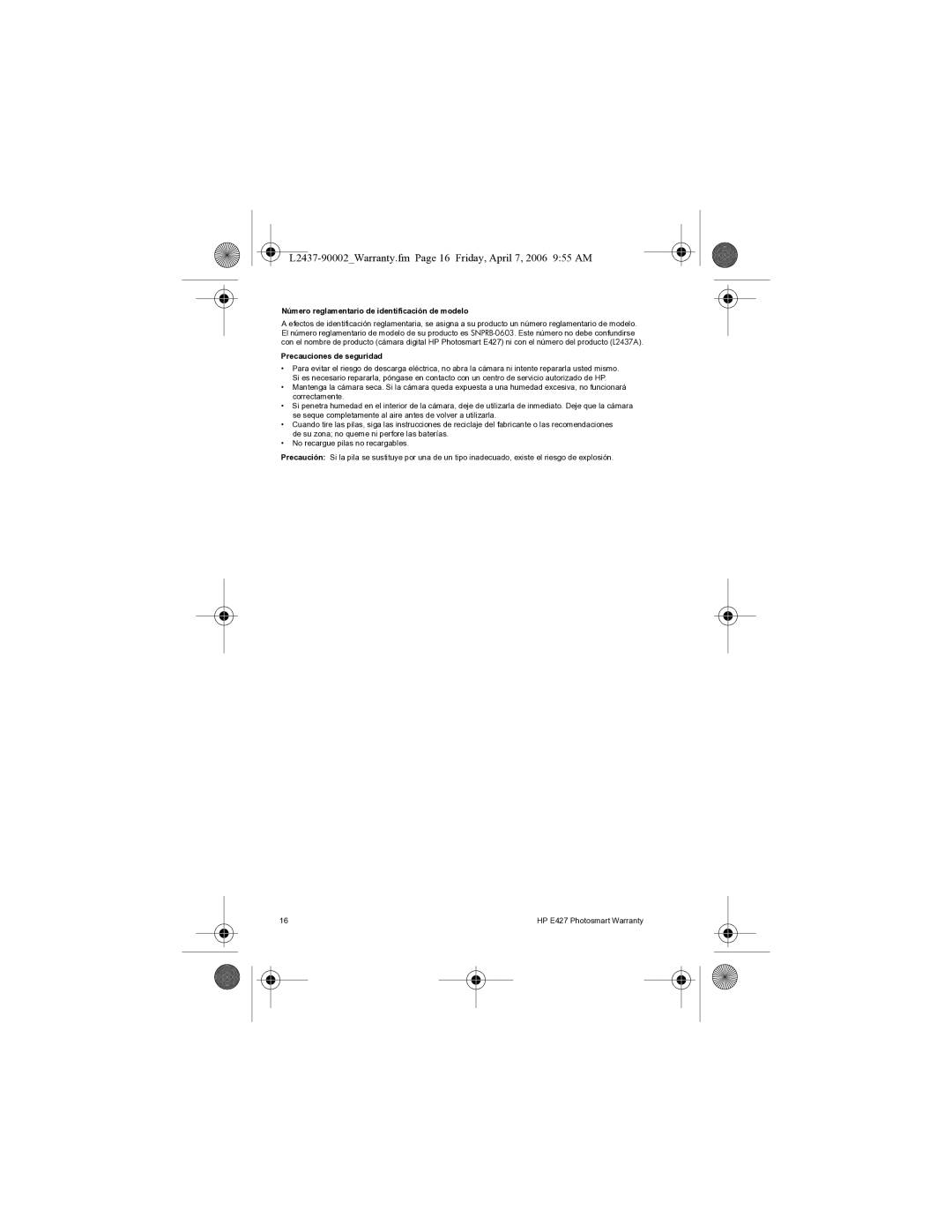 HP E427 L2437-90002Warranty.fm Page 16 Friday, April 7, 2006 955 AM, Número reglamentario de identificación de modelo 