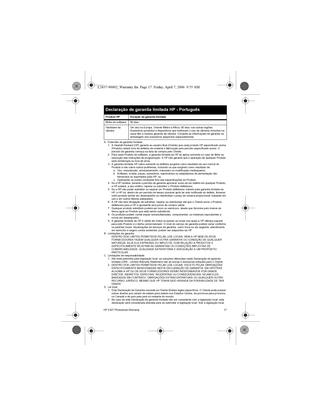 HP E427 manual Declaração de garantia limitada HP Português, L2437-90002Warranty.fm Page 17 Friday, April 7, 2006 955 AM 