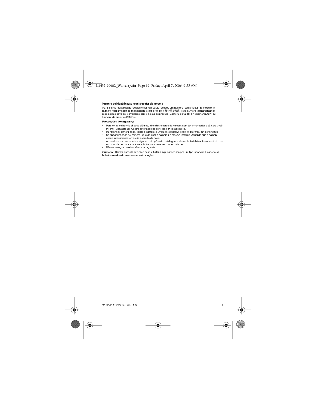 HP E427 manual L2437-90002Warranty.fm Page 19 Friday, April 7, 2006 955 AM, Número de identificação regulamentar do modelo 