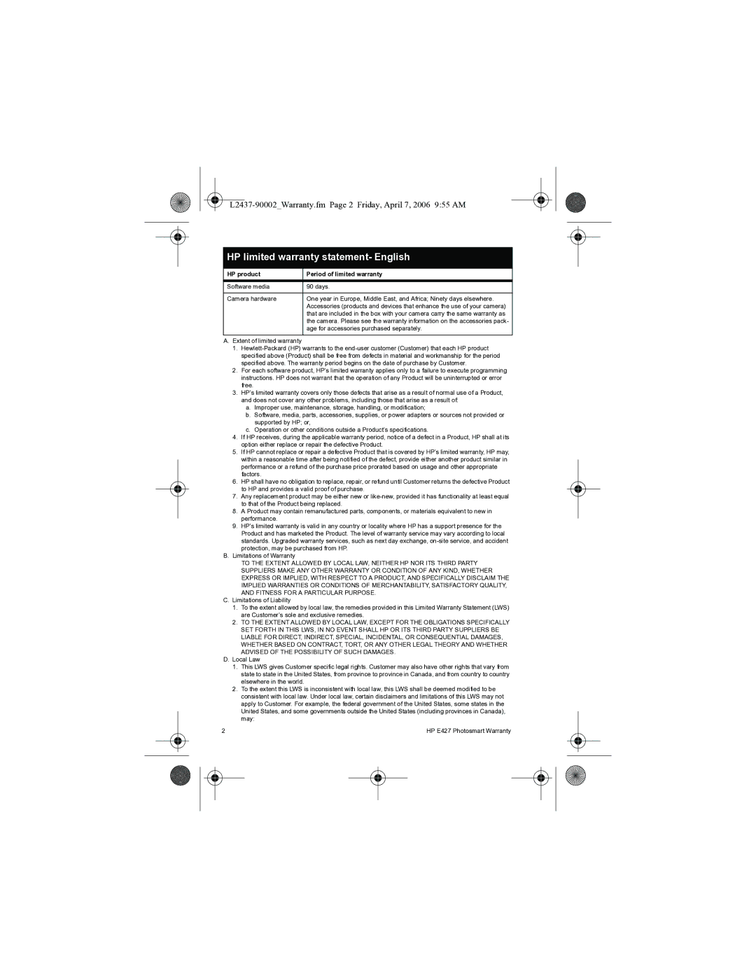 HP E427 manual HP limited warranty statement- English, L2437-90002Warranty.fm Page 2 Friday, April 7, 2006 955 AM 