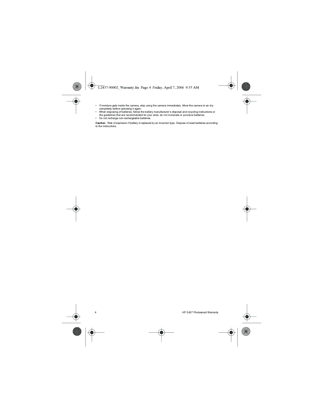 HP E427 manual L2437-90002Warranty.fm Page 4 Friday, April 7, 2006 955 AM, Do not recharge non-rechargeable batteries 