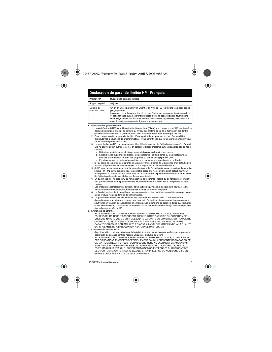 HP E427 manual Déclaration de garantie limitée HP Français, L2437-90002Warranty.fm Page 5 Friday, April 7, 2006 955 AM 