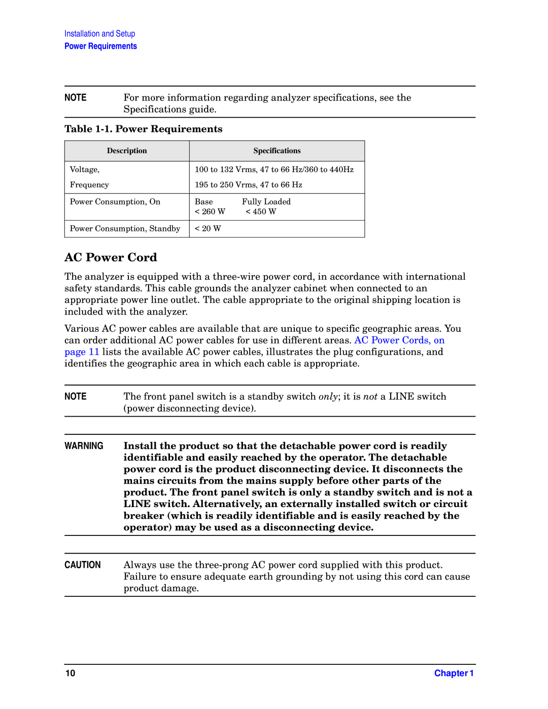 HP E4448A, E4446A, E4440A, E4445A, E4443A manual AC Power Cord, Description Specifications 