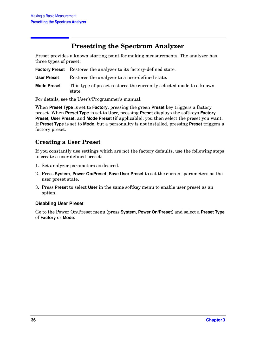 HP E4446A, E4448A, E4440A, E4445A, E4443A Presetting the Spectrum Analyzer, Creating a User Preset, Disabling User Preset 