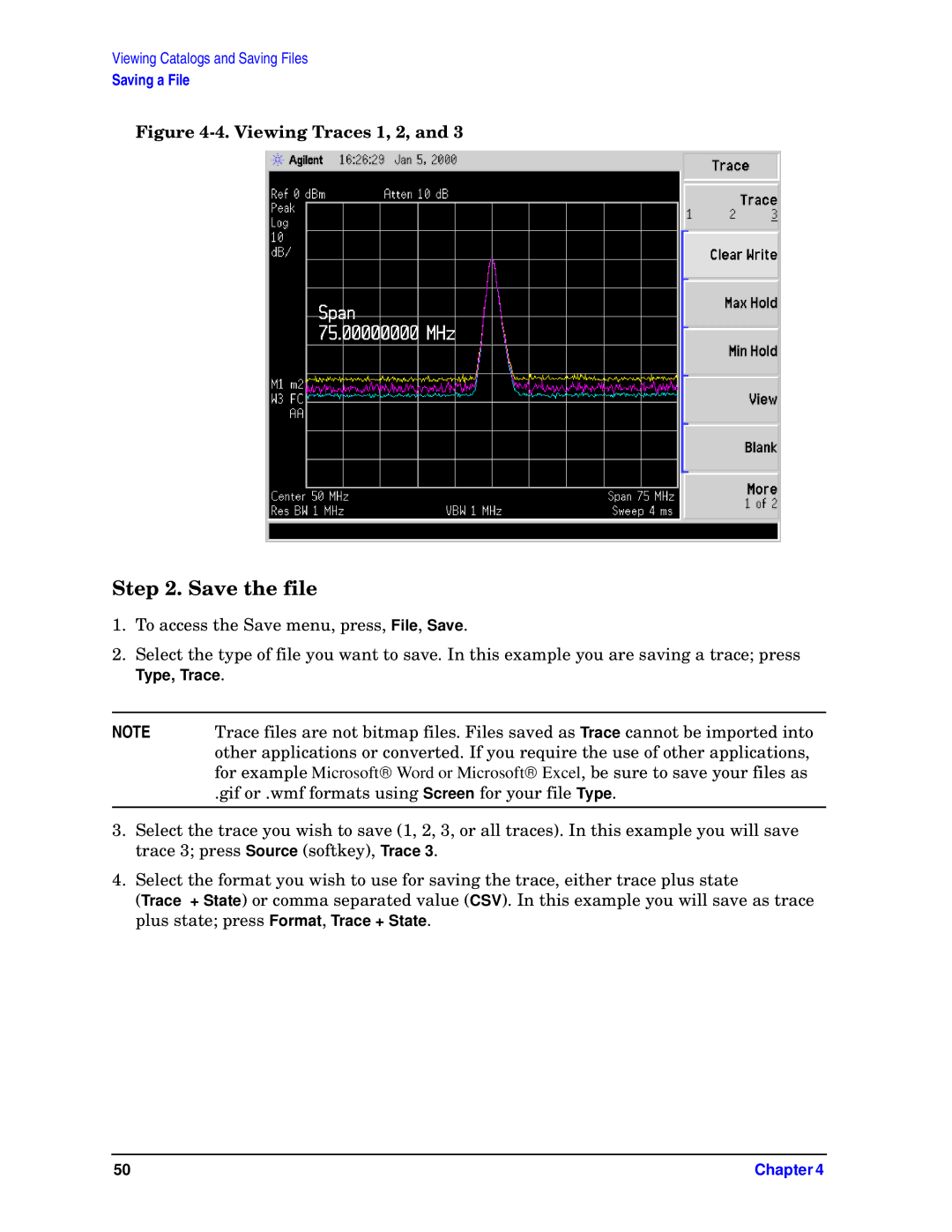 HP E4448A, E4446A, E4440A, E4445A, E4443A manual Save the file, Viewing Traces 1, 2 