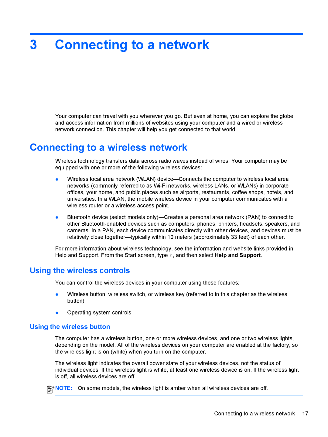 HP 17.3 E0K82UA#ABA, E4S20UA#ABA Connecting to a network, Connecting to a wireless network, Using the wireless controls 