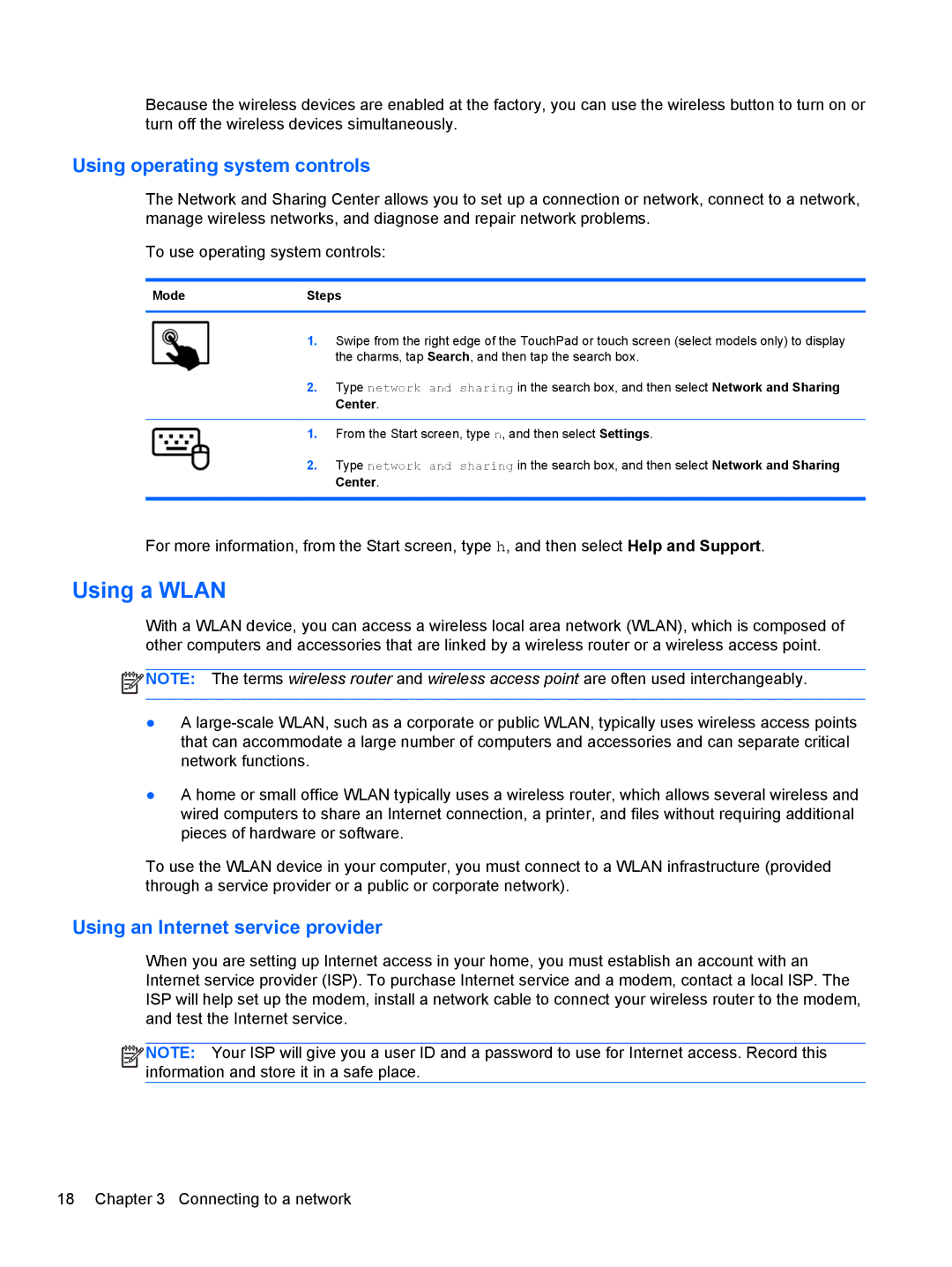 HP E4S20UA#ABA, E4S17UA#ABA Using a Wlan, Using operating system controls, Using an Internet service provider, ModeSteps 