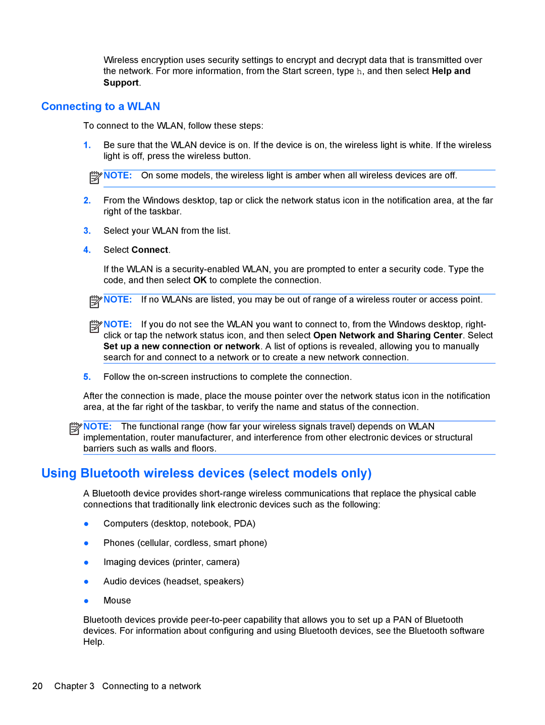 HP E4S13UA#ABA, E4S20UA#ABA, E4S17UA#ABA manual Using Bluetooth wireless devices select models only, Connecting to a Wlan 