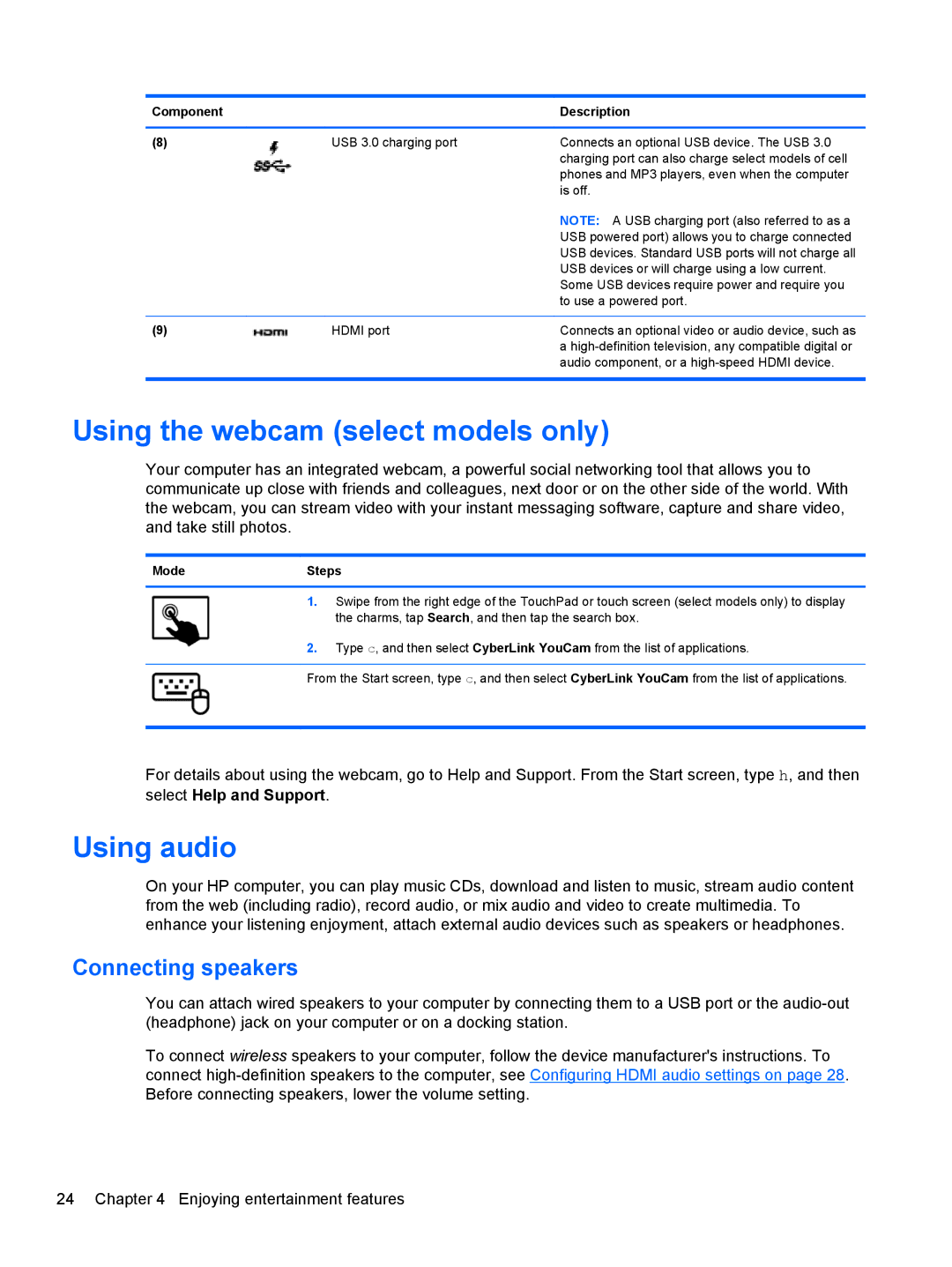 HP E4S13UA#ABA, E4S20UA#ABA, E4S17UA#ABA manual Using the webcam select models only, Using audio, Connecting speakers 