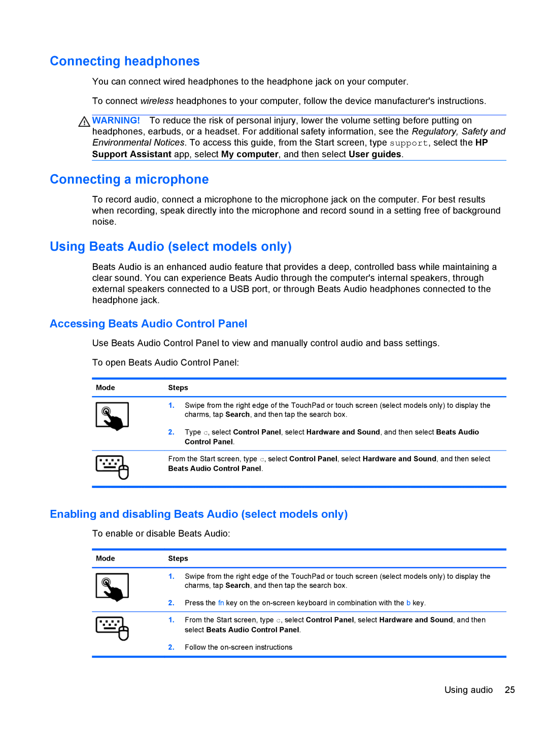 HP 17.3 E0K82UA#ABA, E4S20UA#ABA manual Connecting headphones, Connecting a microphone, Using Beats Audio select models only 