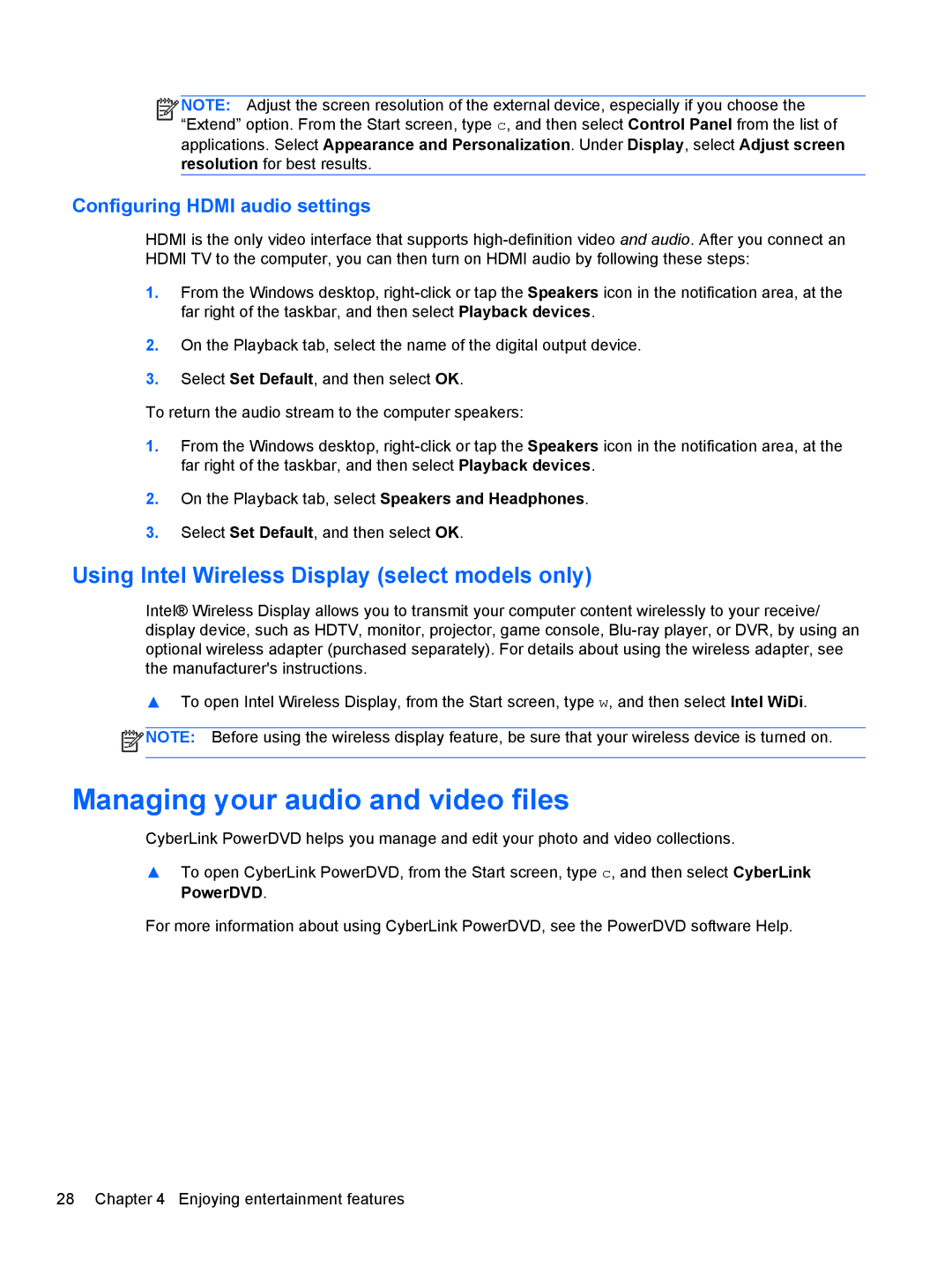 HP E4S13UA#ABA, E4S20UA#ABA manual Managing your audio and video files, Using Intel Wireless Display select models only 