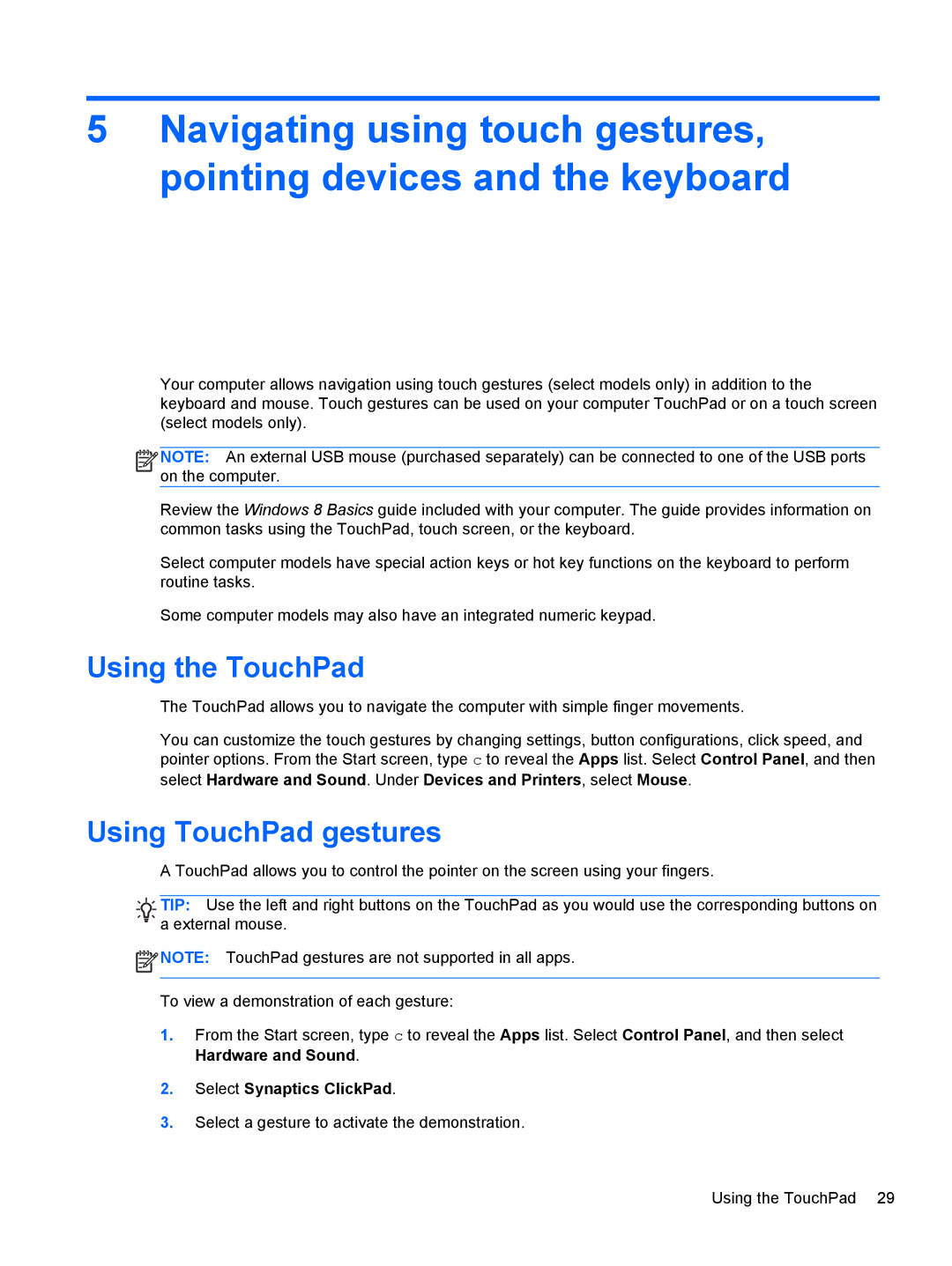 HP 17.3 E0K82UA#ABA, E4S20UA#ABA, E4S17UA#ABA, E4S13UA#ABA manual Using the TouchPad, Using TouchPad gestures 