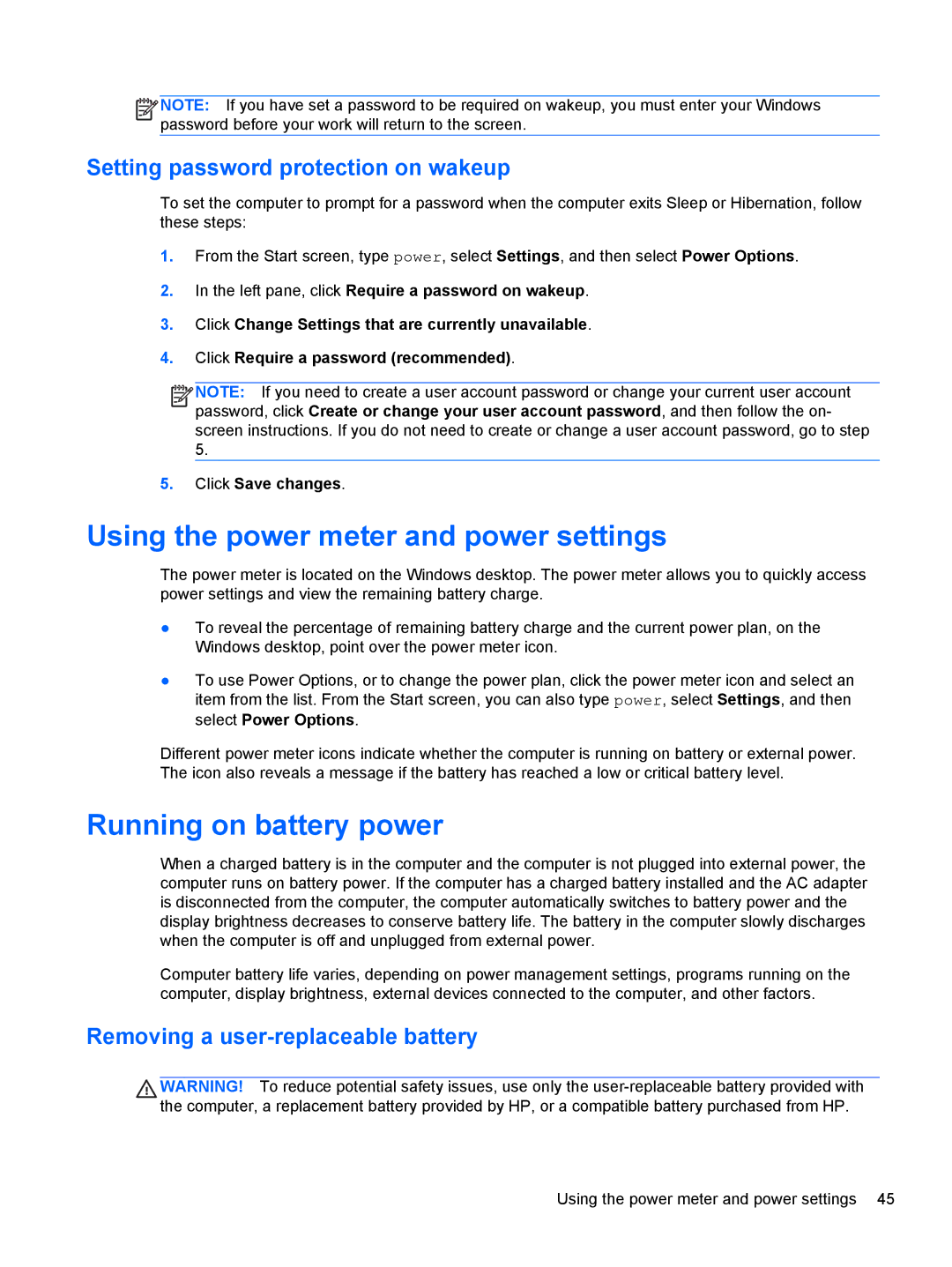 HP 17.3 E0K82UA#ABA, E4S20UA#ABA, E4S17UA#ABA manual Using the power meter and power settings, Running on battery power 