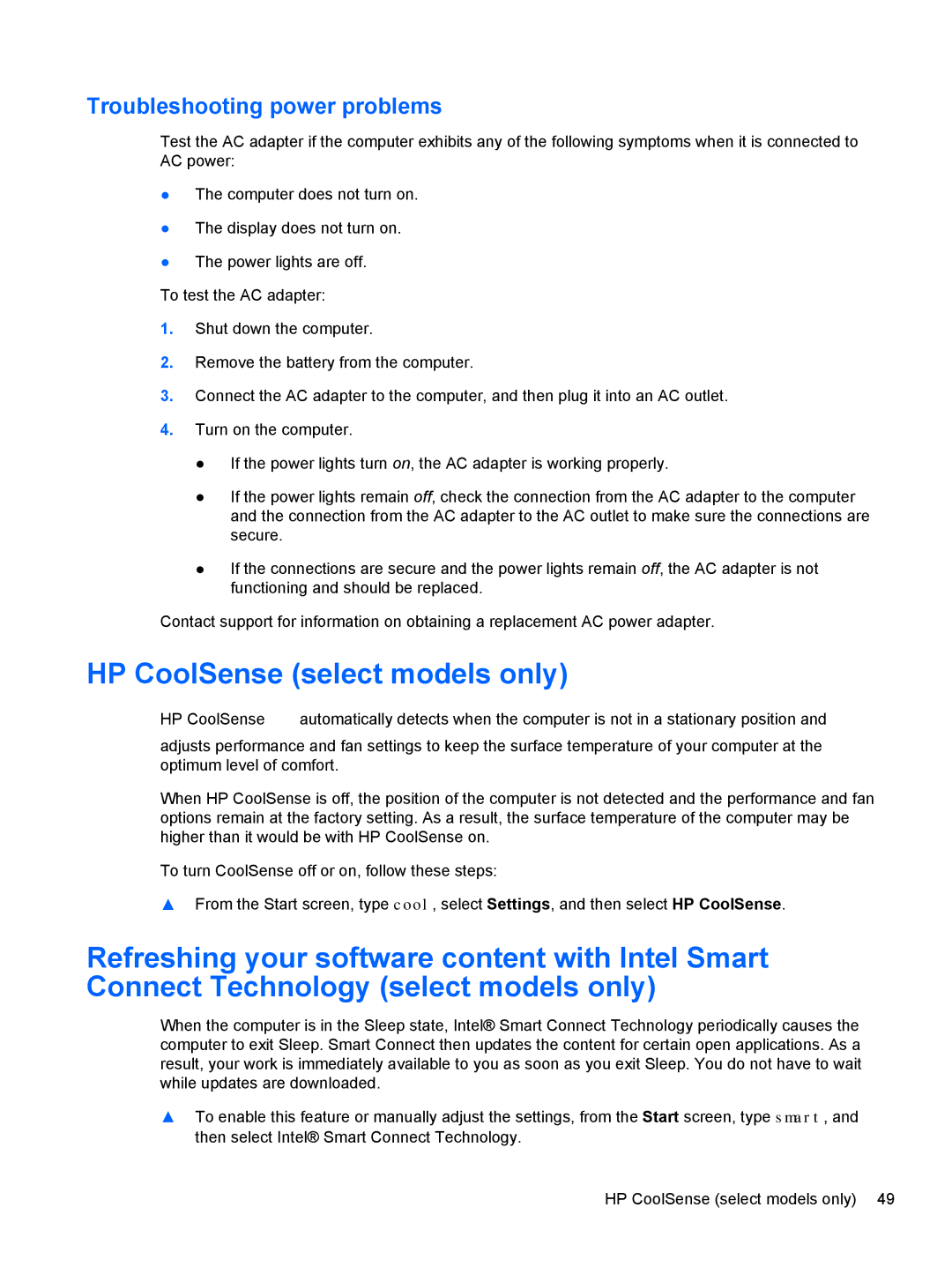 HP 17.3 E0K82UA#ABA, E4S20UA#ABA, E4S17UA#ABA, E4S13UA#ABA HP CoolSense select models only, Troubleshooting power problems 