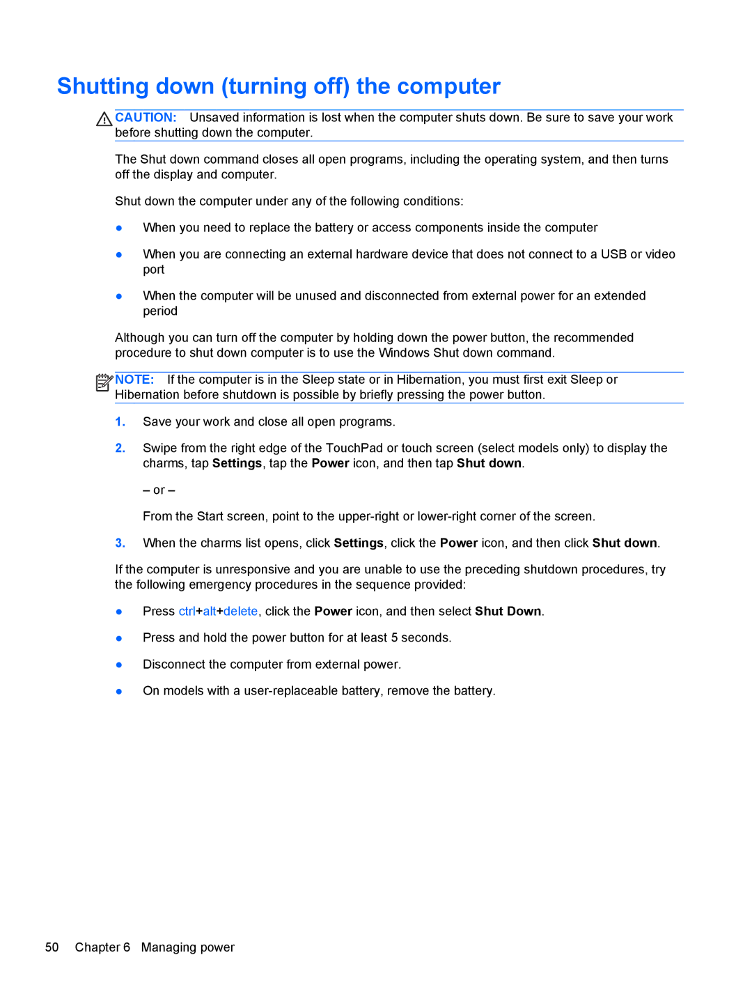 HP E4S20UA#ABA, E4S17UA#ABA, E4S13UA#ABA, 17.3 E0K82UA#ABA manual Shutting down turning off the computer 