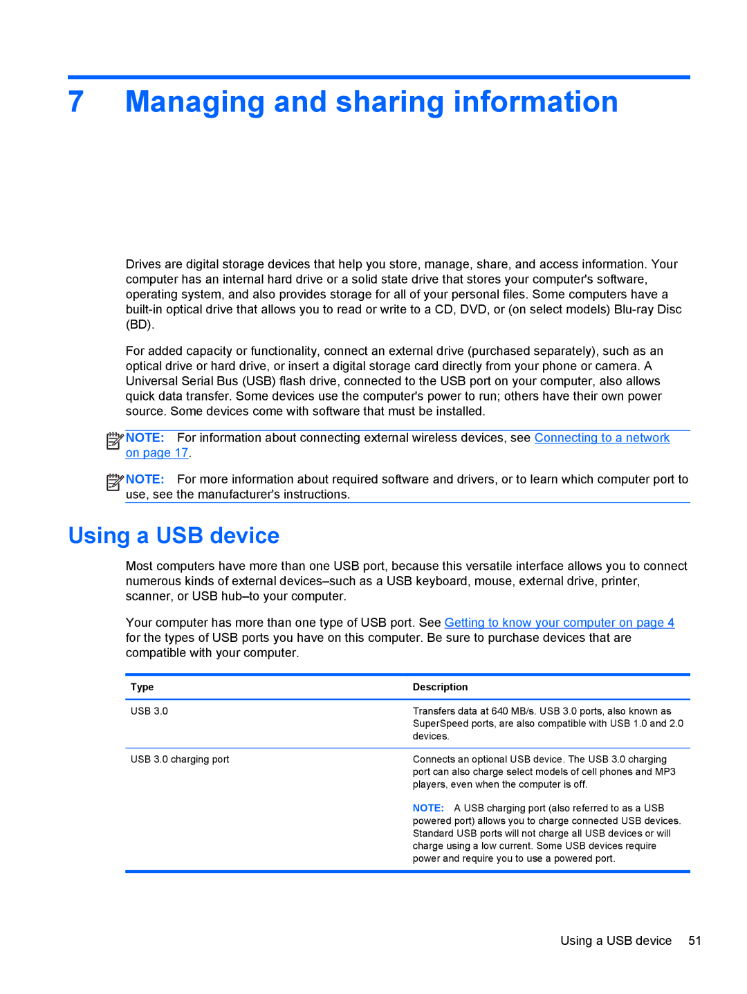 HP E4S17UA#ABA, E4S20UA#ABA, E4S13UA#ABA manual Managing and sharing information, Using a USB device, Type Description 