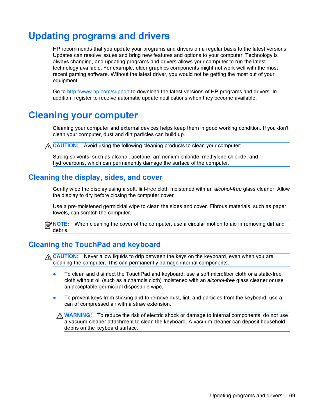 HP 17.3 E0K82UA#ABA manual Updating programs and drivers, Cleaning your computer, Cleaning the display, sides, and cover 