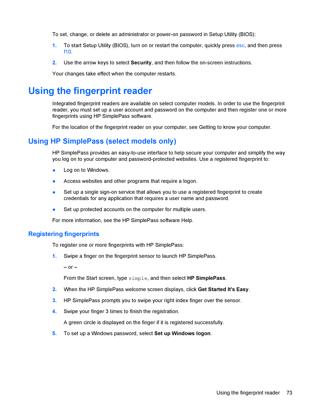 HP 17.3 E0K82UA#ABA manual Using the fingerprint reader, Using HP SimplePass select models only, Registering fingerprints 