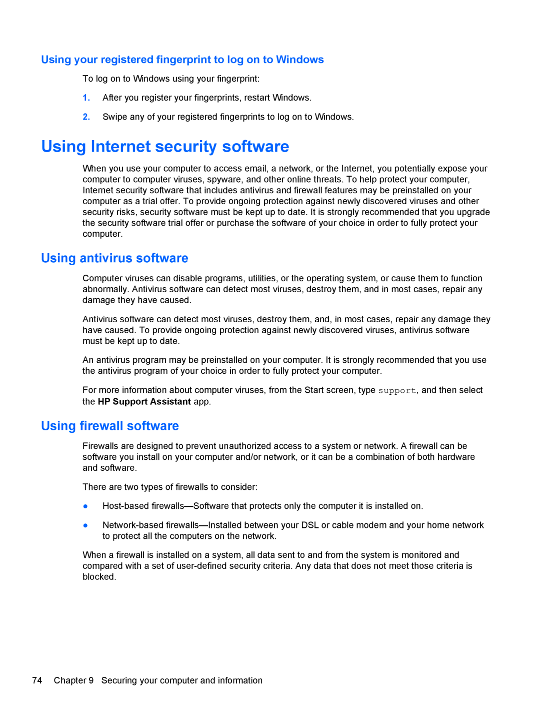 HP E4S20UA#ABA, E4S17UA#ABA manual Using Internet security software, Using antivirus software, Using firewall software 