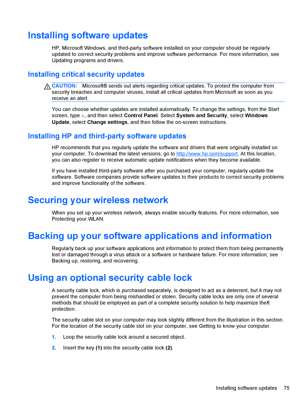 HP E4S17UA#ABA manual Installing software updates, Securing your wireless network, Using an optional security cable lock 