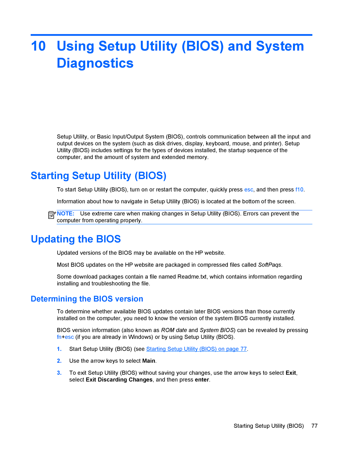 HP 17.3 E0K82UA#ABA manual Using Setup Utility Bios and System Diagnostics, Starting Setup Utility Bios, Updating the Bios 