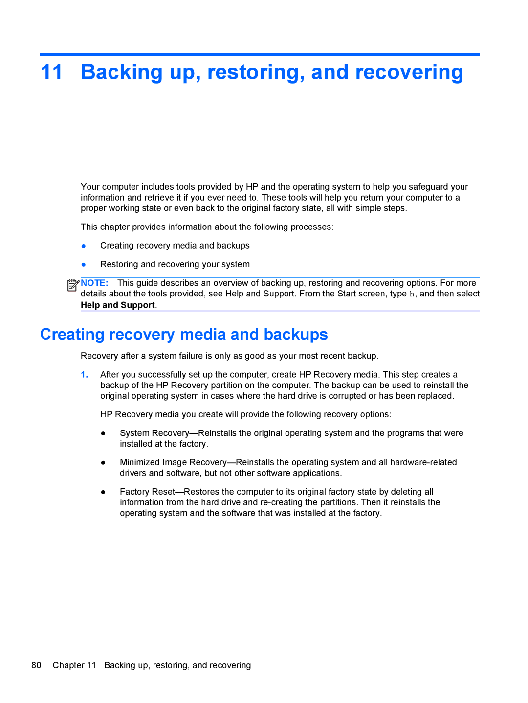 HP E4S13UA#ABA, E4S20UA#ABA, E4S17UA#ABA manual Backing up, restoring, and recovering, Creating recovery media and backups 