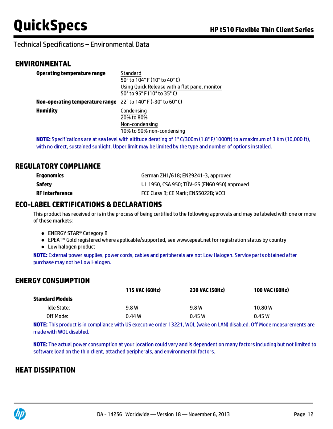 HP E4S23AT E4S23AT#ABA Environmental, Regulatory Compliance, ECO-LABEL Certifications & Declarations, Energy Consumption 