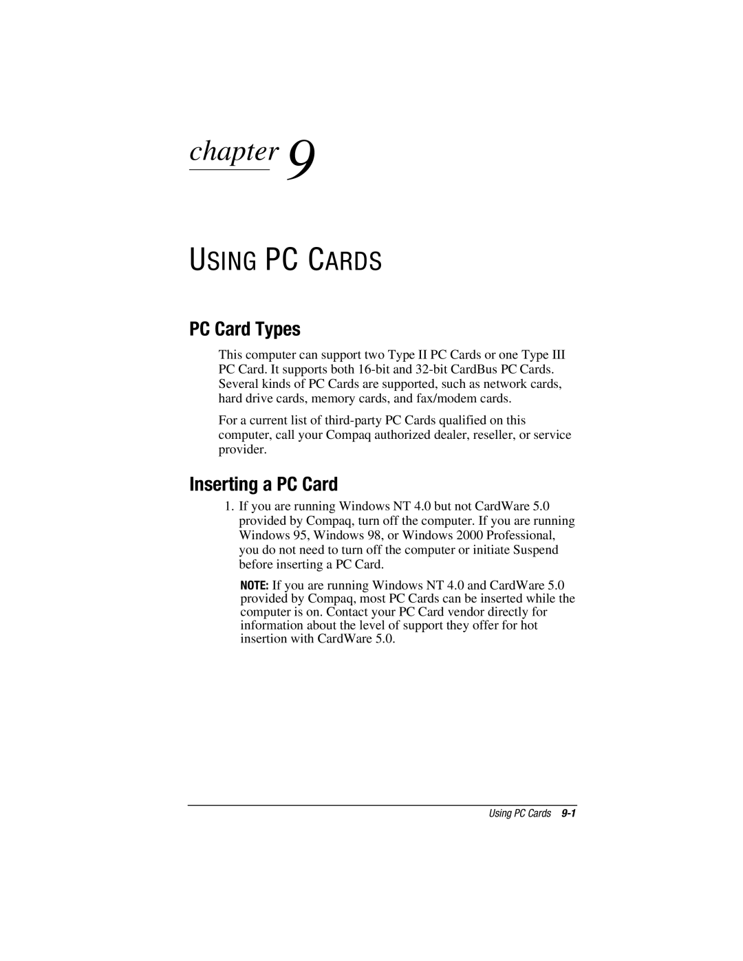 HP e500s manual Using PC Cards, PC Card Types, Inserting a PC Card 