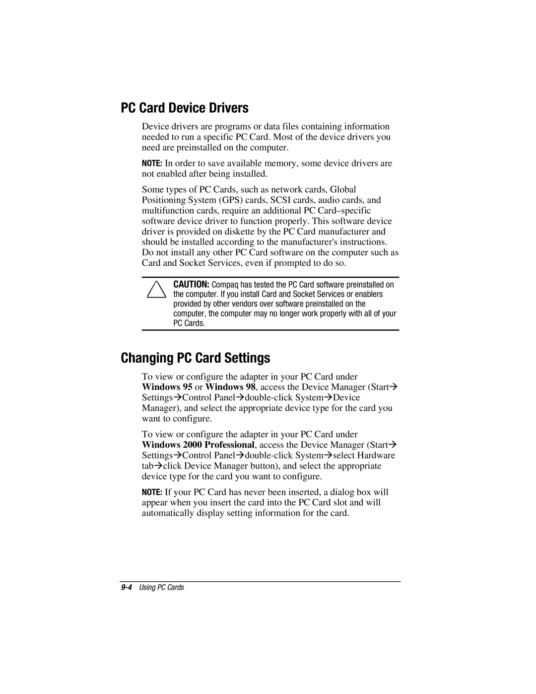 HP e500s manual PC Card Device Drivers, Changing PC Card Settings 