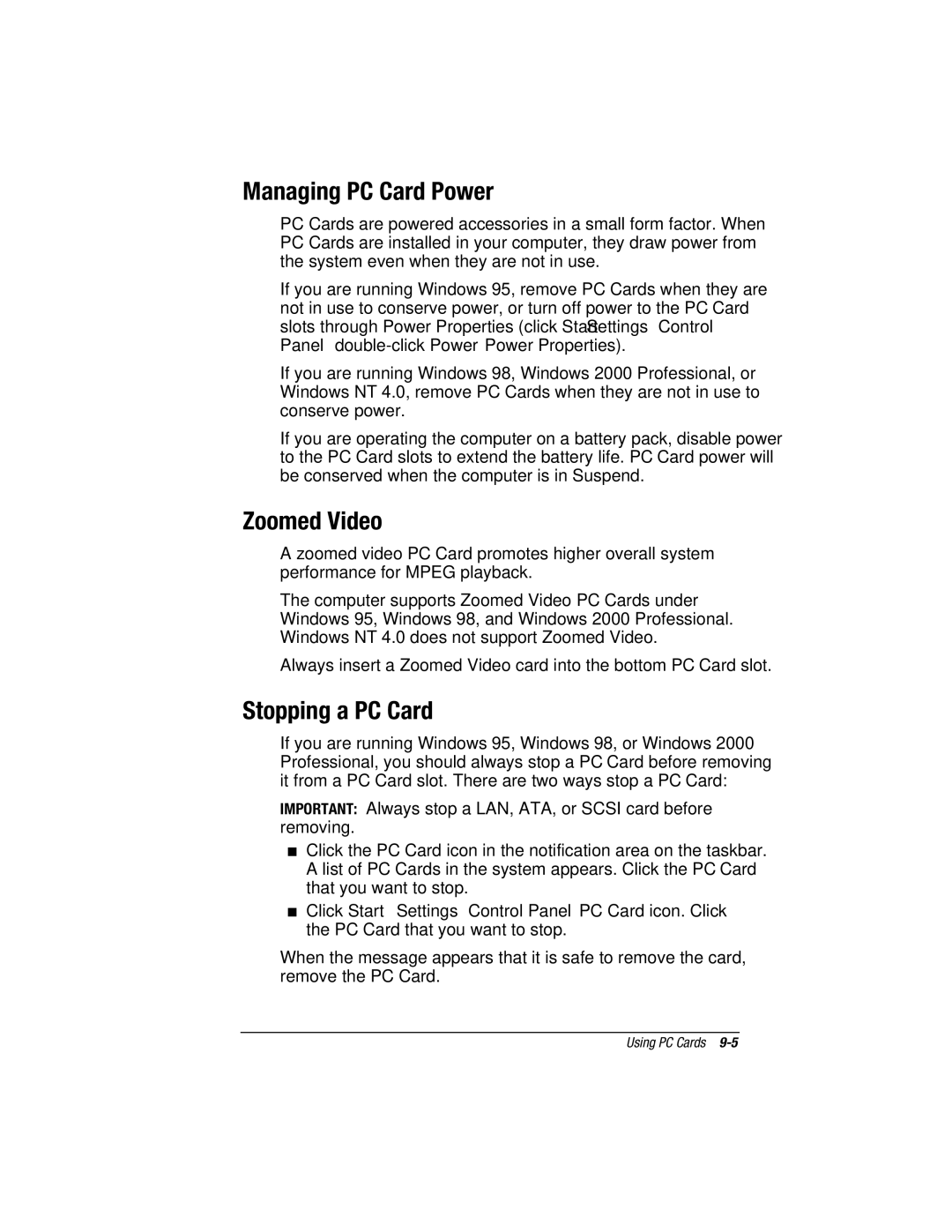 HP e500s manual Managing PC Card Power, Zoomed Video, Stopping a PC Card 