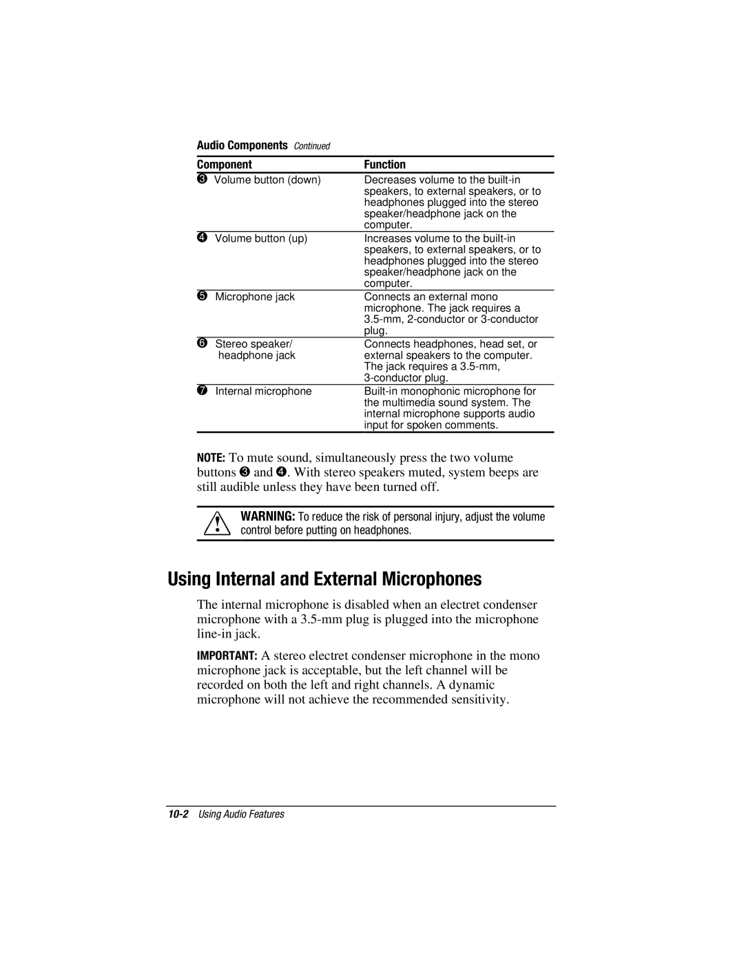 HP e500s manual Using Internal and External Microphones, Audio Components Component3 