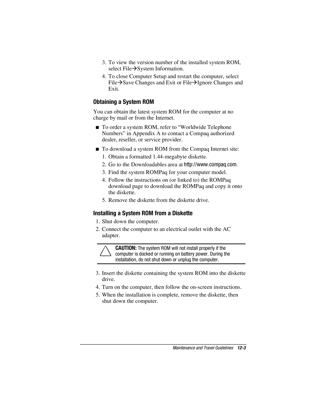 HP e500s manual Obtaining a System ROM, Installing a System ROM from a Diskette 