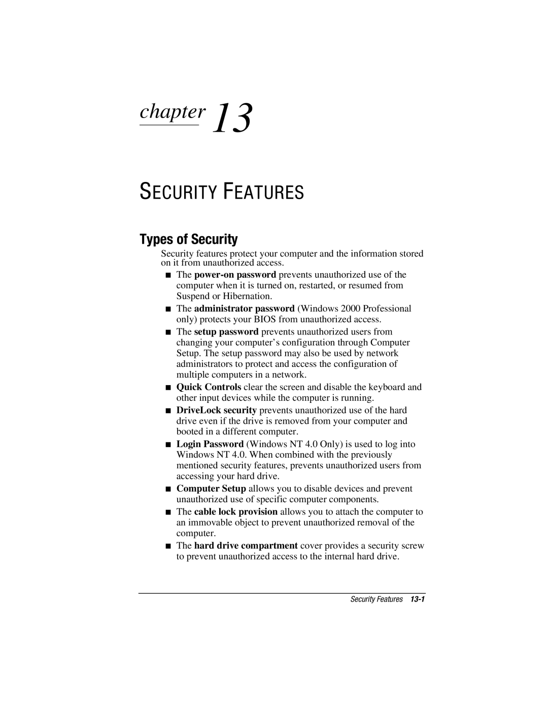 HP e500s manual Security Features, Types of Security 