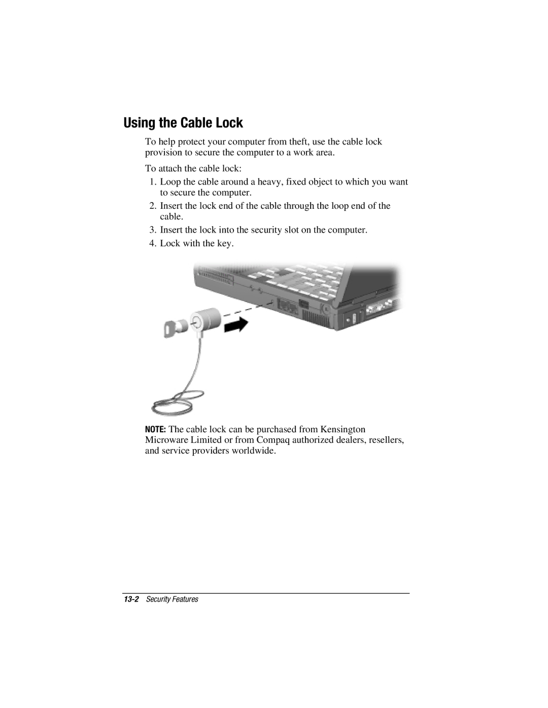 HP e500s manual Using the Cable Lock 