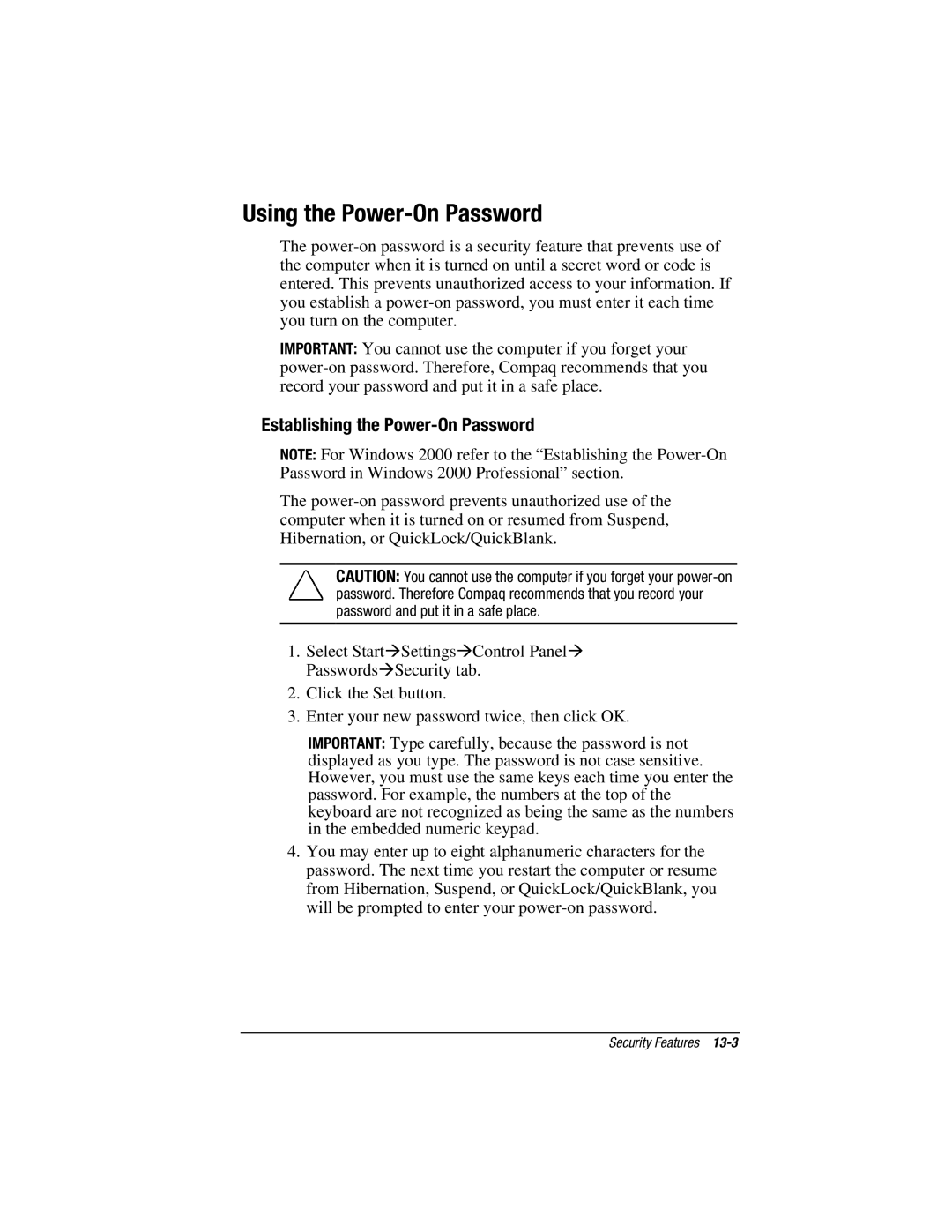 HP e500s manual Using the Power-On Password, Establishing the Power-On Password 