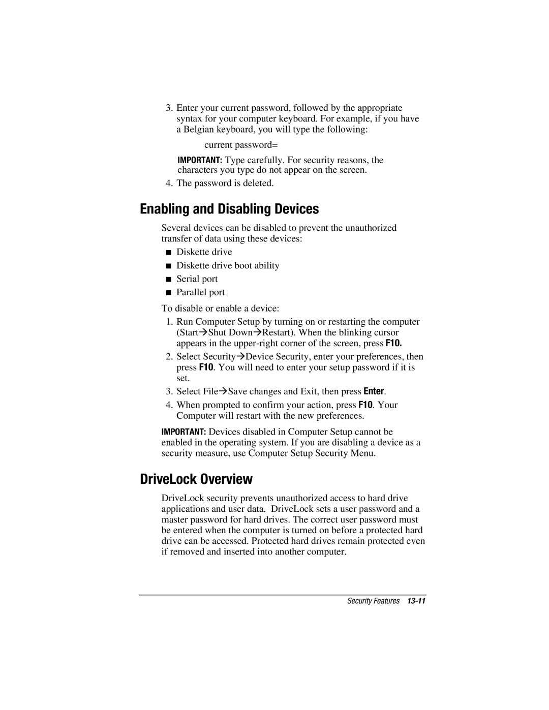 HP e500s manual Enabling and Disabling Devices, DriveLock Overview 