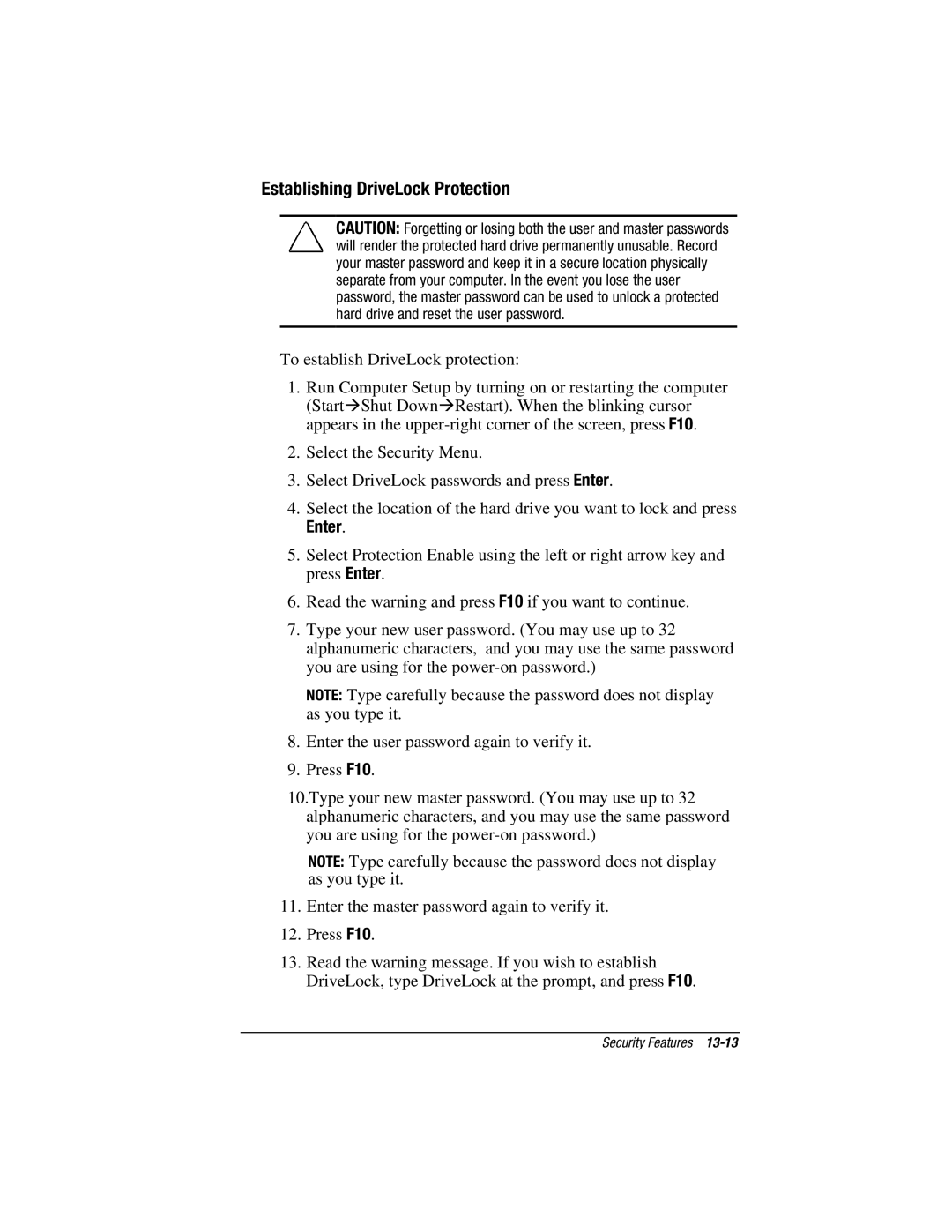 HP e500s manual Establishing DriveLock Protection, Enter 