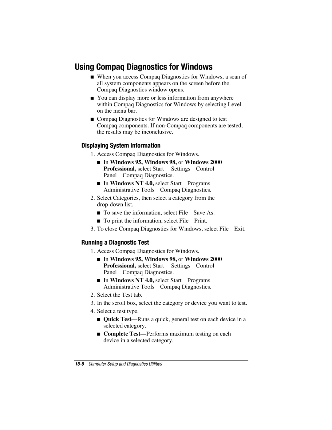 HP e500s manual Using Compaq Diagnostics for Windows, Running a Diagnostic Test 