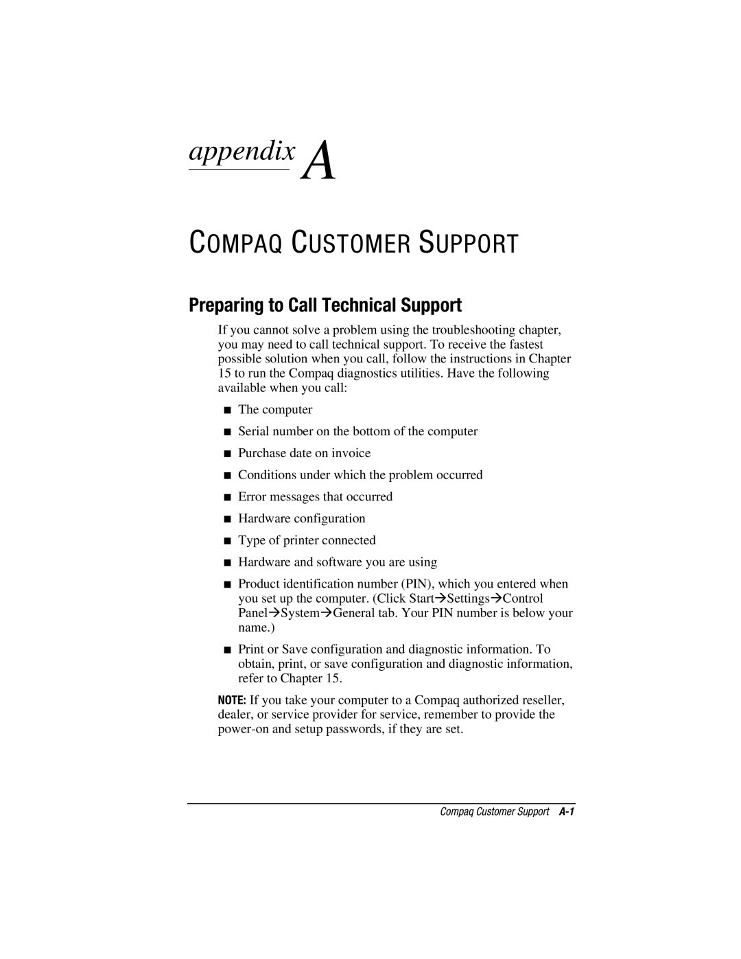 HP e500s manual Compaq Customer Support, Preparing to Call Technical Support 