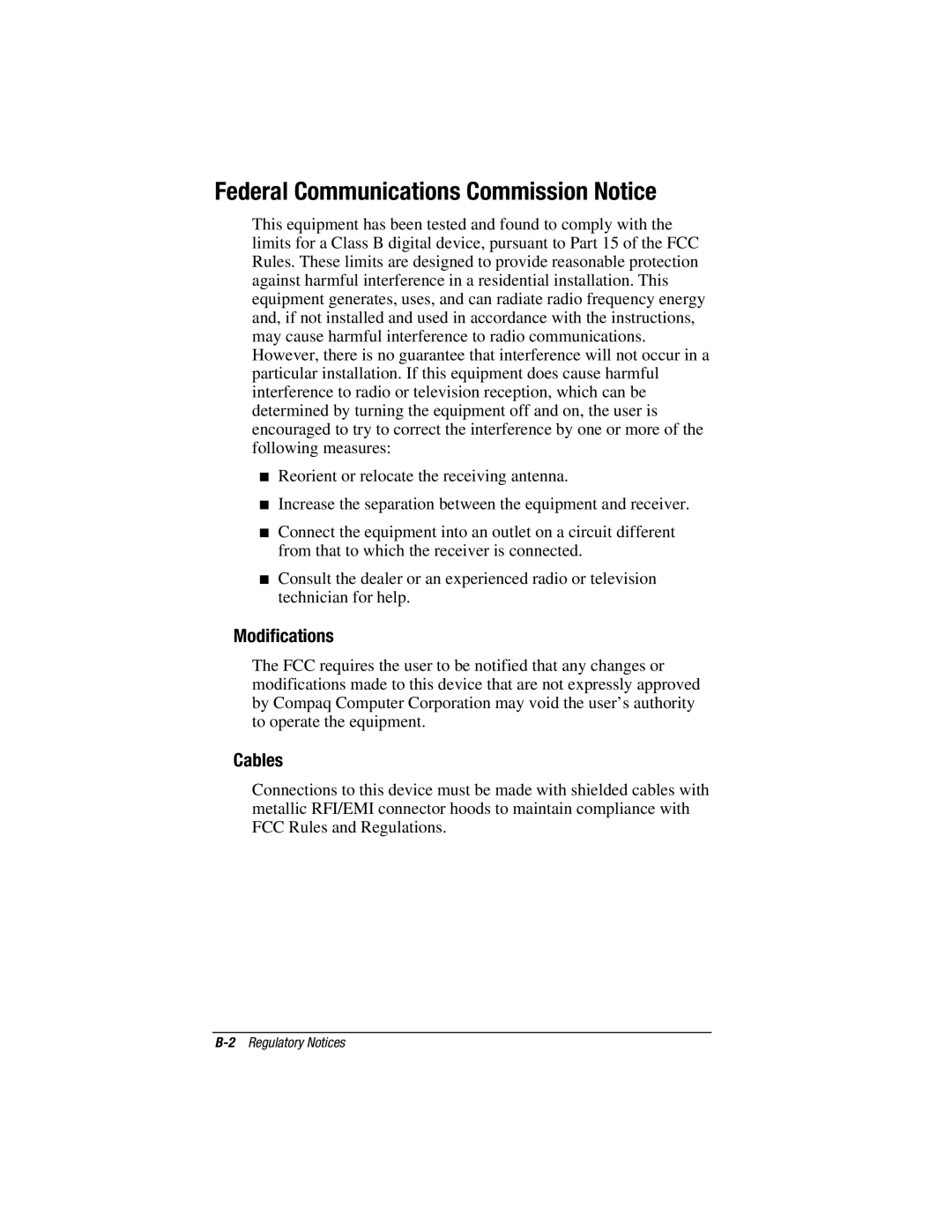 HP e500s manual Federal Communications Commission Notice, Modifications, Cables 