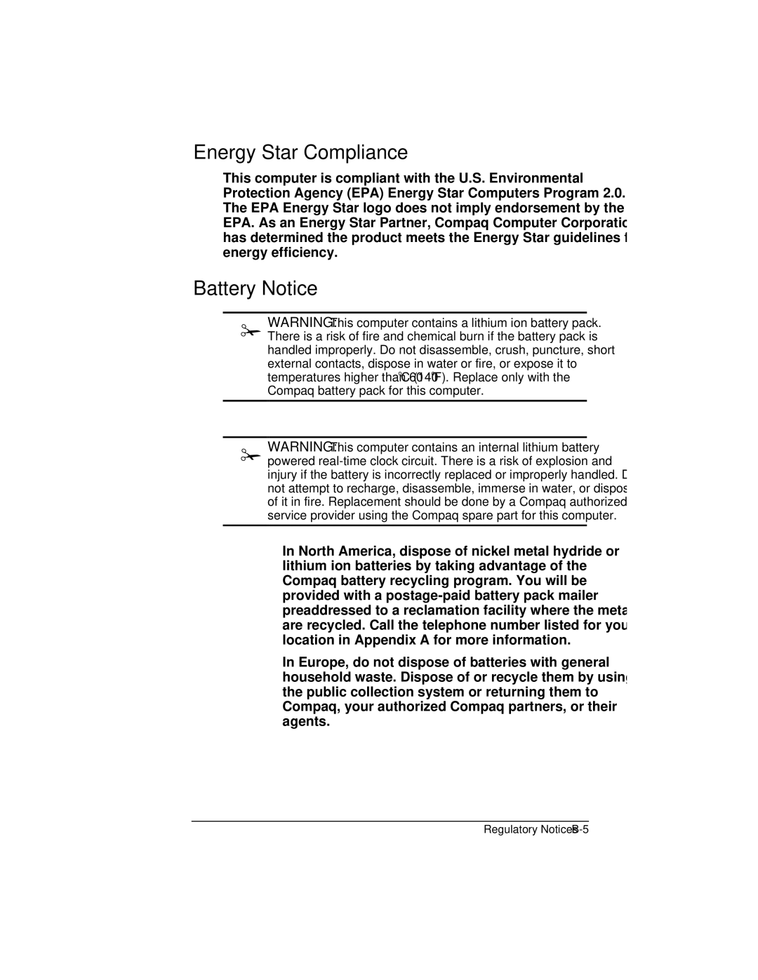 HP e500s manual Energy Star Compliance, Battery Notice 