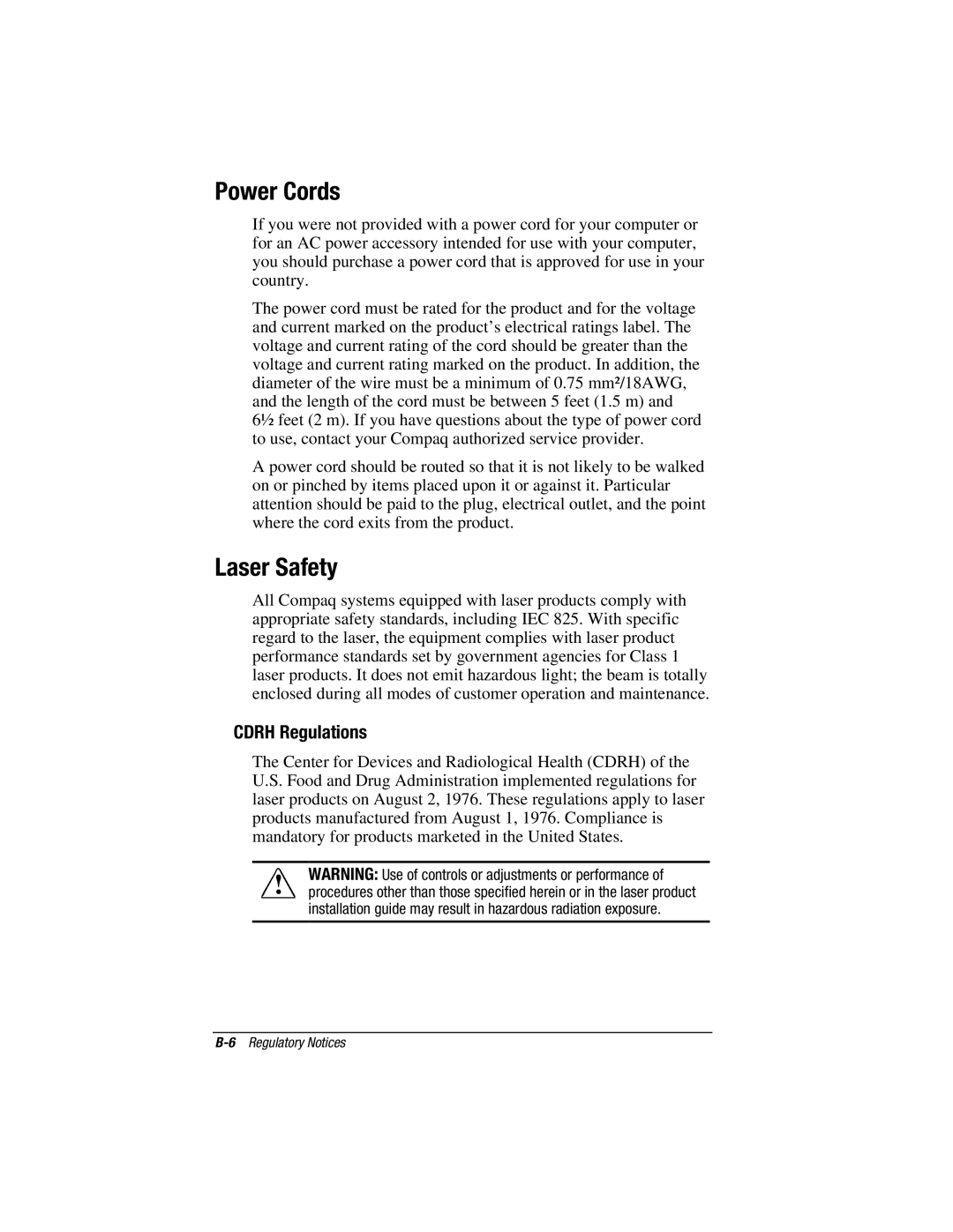 HP e500s manual Power Cords, Laser Safety, Cdrh Regulations 