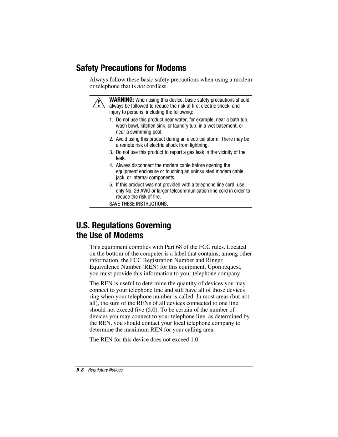 HP e500s manual Safety Precautions for Modems, Regulations Governing Use of Modems 