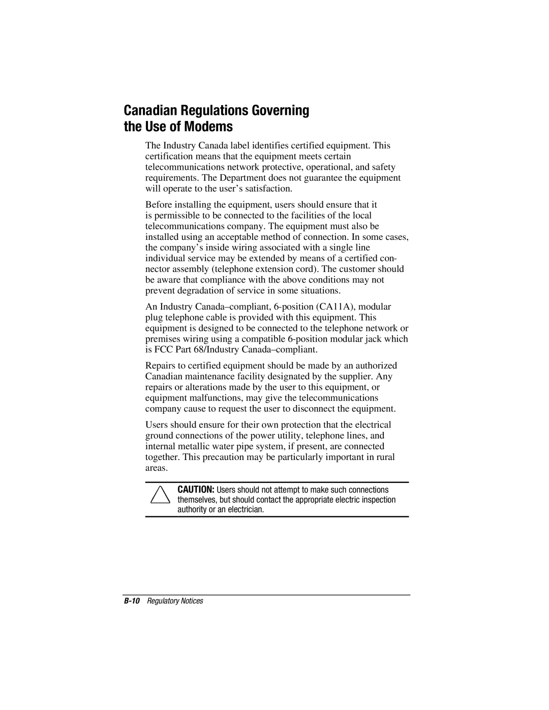 HP e500s manual Canadian Regulations Governing Use of Modems 